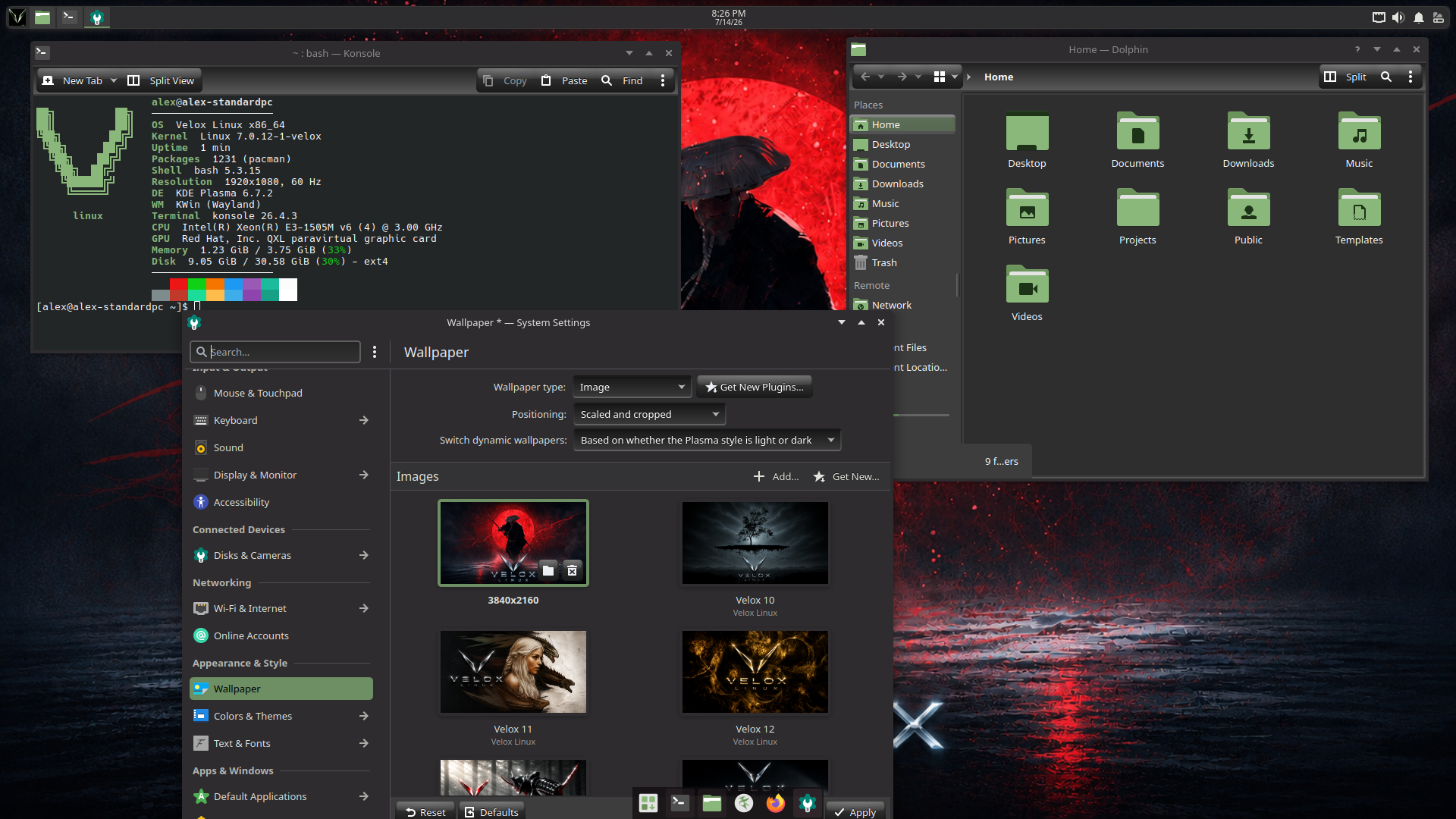 Velox KDE Plasma application menu and theming