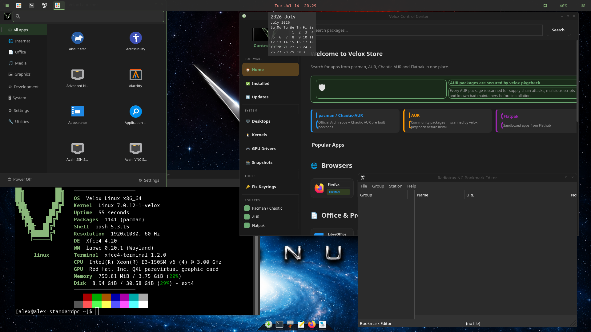 Velox XFCE desktop overview